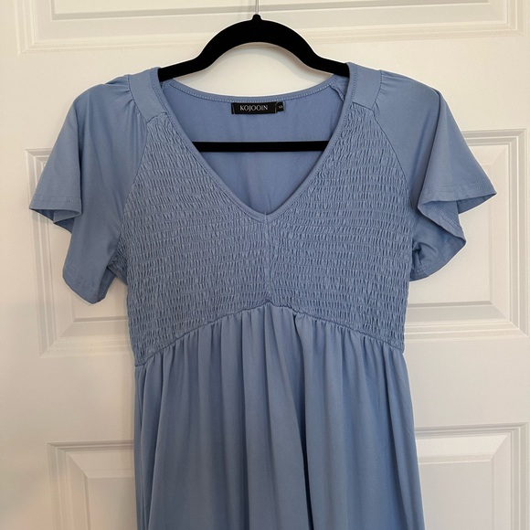 Maternity Smocked Short Sleeve Summer Dress V Neck Boho Ruffle Casual Swing Midi - Picture 2 of 11